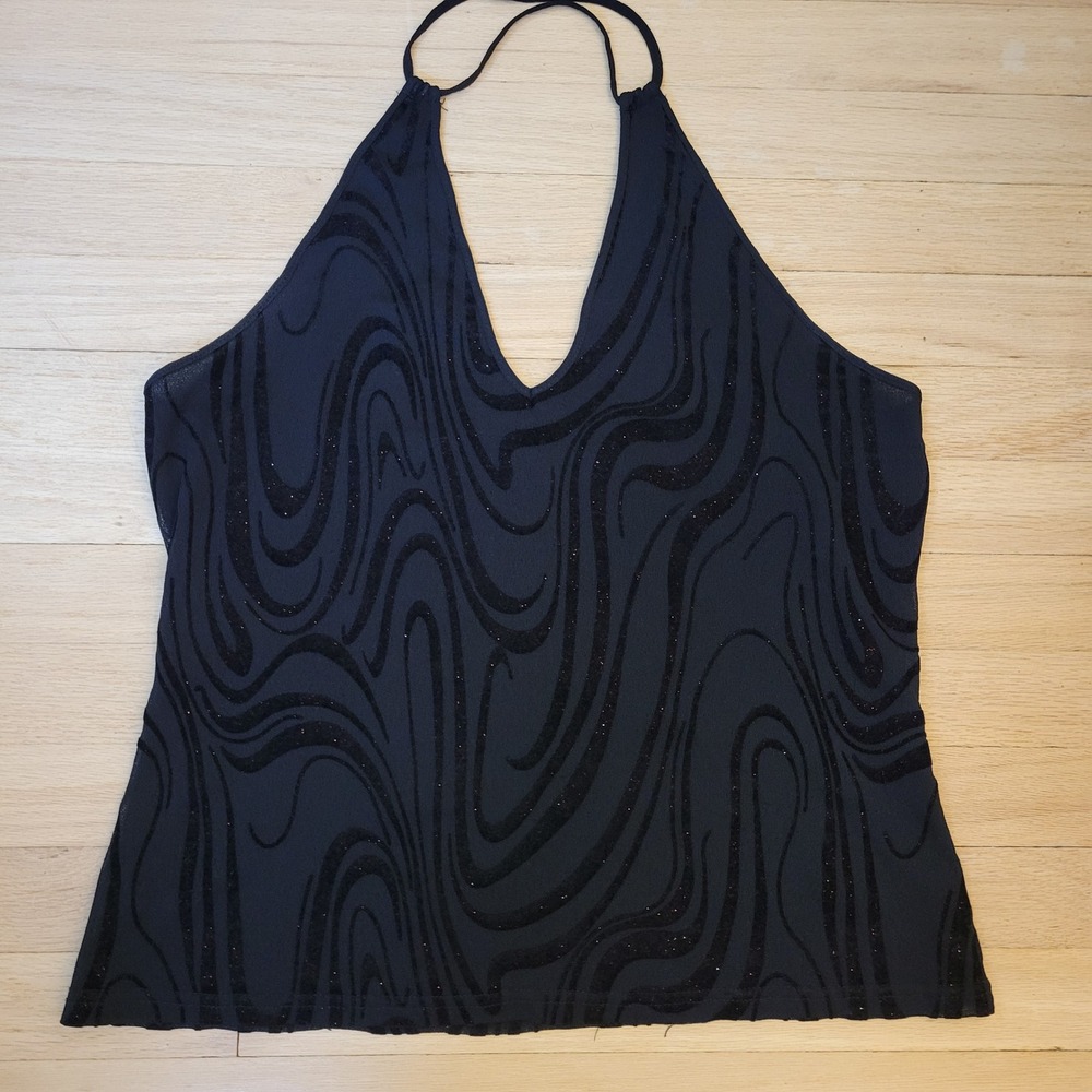 Oltre Italy Black Swirl Flocked Glitter Halter Top V-Neck Sleeveless US 16 IT 50